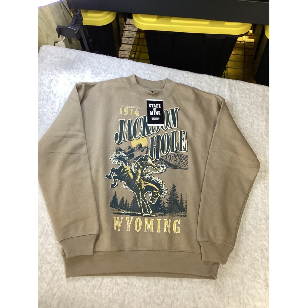 State of Mine Jackson Hole Wyoming Cowboy Graphic Sweatshirt Taupe Mens Small